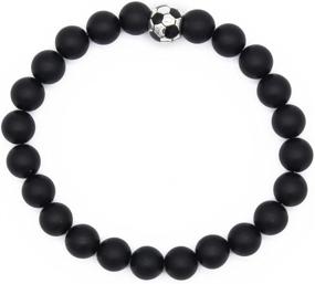 img 1 attached to ⚽️ POSHFEEL 7.5'' Black Matte Agate Stone Beaded Bracelet with Soccer Football Charm - Natural 8mm