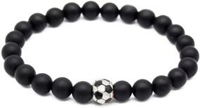 img 3 attached to ⚽️ POSHFEEL 7.5'' Black Matte Agate Stone Beaded Bracelet with Soccer Football Charm - Natural 8mm