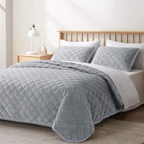 img 4 attached to Stylish VEEYOO Quilt Set in King Size - Unique Geometric Pattern Stitching Design, Oversized Velvet Bedspread for All Seasons, Includes 2 Shams, Machine Washable - Grey