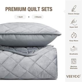 img 1 attached to Stylish VEEYOO Quilt Set in King Size - Unique Geometric Pattern Stitching Design, Oversized Velvet Bedspread for All Seasons, Includes 2 Shams, Machine Washable - Grey