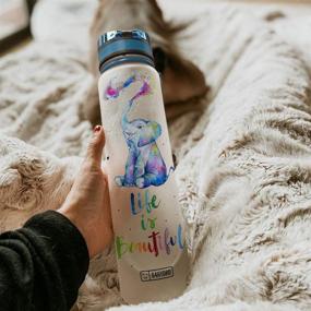 img 2 attached to Motivational Water Bottle with Time Marker - 64HYDRO 32oz | 1Liter - Colorful Painting Elephant Design - Life is Beautiful HHP1707027 Water Bottle