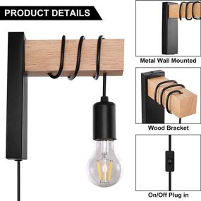 img 1 attached to 🏮 Rustic Wood Wall Sconce, Industrial Black Plug-In Wall Lamp for Bedroom, Living Room, and Reading, Wall Mounted Light Fixture with On/Off Switch, Corded Lighting (E26 Bulb Not Included)