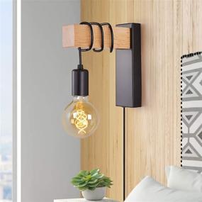 img 4 attached to 🏮 Rustic Wood Wall Sconce, Industrial Black Plug-In Wall Lamp for Bedroom, Living Room, and Reading, Wall Mounted Light Fixture with On/Off Switch, Corded Lighting (E26 Bulb Not Included)