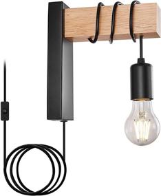 img 3 attached to 🏮 Rustic Wood Wall Sconce, Industrial Black Plug-In Wall Lamp for Bedroom, Living Room, and Reading, Wall Mounted Light Fixture with On/Off Switch, Corded Lighting (E26 Bulb Not Included)