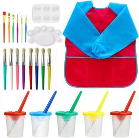 img 4 attached to 🎨 Art Set for Kids: No Spill Paint Cups with Colored Lids, Large Round-Tip Paint Brush, Tool Brushes, Waterproof Smocks, and Paint Palettes - 22 Pack