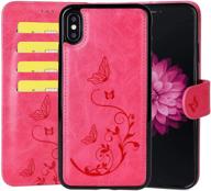 waterfox iphone xr wallet leather case with 2 in 1 detachable cover - hot pink, vintage embossed pattern, 3 card slots & wrist strap - women's stylish and functional case logo