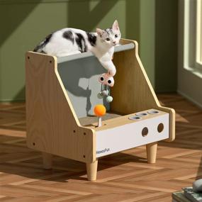 img 4 attached to 🐱 MEWOOFUN Wooden Cat House with Toy Scratcher Game Machine Style—Ideal Cat Bed for Indoor Cats