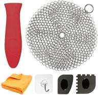 🧼 ultimate cast iron cleaning kit: stainless steel chainmail scrubber with hot handle holder, pan & grill scraper, kitchen towel - 6 pack logo