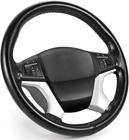 img 3 attached to SEG Direct Premium Cowhide Leather Steering Wheel Cover | 14.5-15 inch Outer Diameter | Stitch-on Wrap | Universal Fit | Black