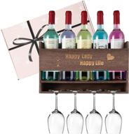 🍷 rustic wood wall wine rack with glass holder - holds 5 bottles & 4 stemware glasses - ideal gift for wine lover - home kitchen dining room decor - store red, white, champagne логотип