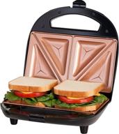 🥪 2-sandwich maker, toaster, and electric panini grill - ultra nonstick copper surface for easy cleaning, quick cooking with easy cut edges and indicator lights logo