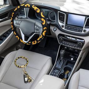 img 1 attached to 🌻 Sunflower-themed Car Accessories Set: Flora Steering Wheel Cover, Coasters, and Keyring Bracelet for Vehicle, Auto, Car, Truck, SUV