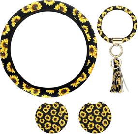 img 4 attached to 🌻 Sunflower-themed Car Accessories Set: Flora Steering Wheel Cover, Coasters, and Keyring Bracelet for Vehicle, Auto, Car, Truck, SUV