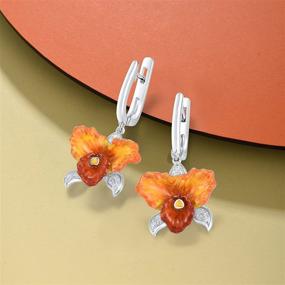 img 2 attached to Santuzza 925 Sterling Silver Orchid Dangle Earring: Orange Enamel Flower Drop Earrings with White Cubic Zirconia