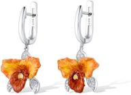 santuzza 925 sterling silver orchid dangle earring: orange enamel flower drop earrings with white cubic zirconia logo