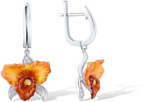 img 3 attached to Santuzza 925 Sterling Silver Orchid Dangle Earring: Orange Enamel Flower Drop Earrings with White Cubic Zirconia