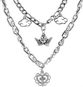 img 3 attached to 💀 KURTCB Vintage Emo Punk Cross Heart Necklace: Angel Pearl Pendant & Y2k Chain Choker for Women and Girls