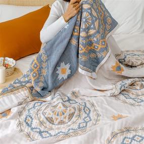 img 2 attached to 🌼 Joyreap Boho Muslin Cotton Blanket - Lightweight Summer Quilt, Medallion Reversible Bedspread in Bohemian Style, Breathable Bed Coverlet Bedding Sheet (Yellow and Blue, 78x94 inches)