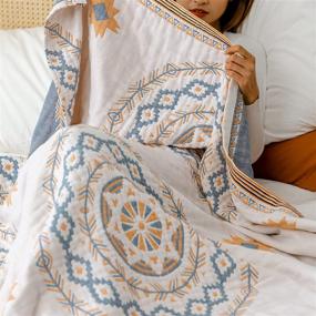 img 1 attached to 🌼 Joyreap Boho Muslin Cotton Blanket - Lightweight Summer Quilt, Medallion Reversible Bedspread in Bohemian Style, Breathable Bed Coverlet Bedding Sheet (Yellow and Blue, 78x94 inches)