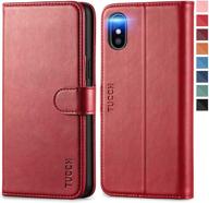 📱 tucch iphone xs wallet case: wireless charging flip pu leather stand book case with rfid blocking card holder, dark red logo