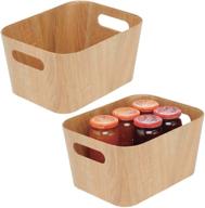 mdesign narrow food storage container bin with handles - kitchen, pantry, cabinet, fridge/freezer - ideal for snacks, produce, vegetables, pasta - 2 pack - natural finish - food safe логотип