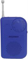 blue portable pocket radio with am/fm tuner and integrated speaker logo