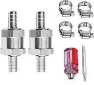 ⛽️ 2pcs 8mm (5/16") aluminum alloy non-return fuel check valve for petrol, diesel, and oil, with 4pcs adjustable universal hose clamps and 1pc multibit 2-in-1 stubby screwdriver logo