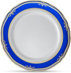 img 4 attached to 🍽️ Pack of 20 - 10" Premium Heavyweight Plastic Dinner Plates by Laura Stein Designer Tableware - White with Blue & Gold Border. Ideal for Parties, Weddings, Cobalt Blue Series Disposable Dishes.