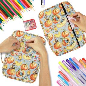 img 1 attached to 🎃 YOUSHARES Colored Pencil Case 220 Slot Pen Organizer with Wrap & Zipper, Multilayer Holder for Prismacolor Pencils & Gel Pens (Pumpkin)