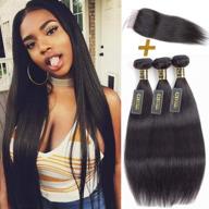 🌟 qthair 12a grade virgin straight human hair bundle with closure - 100% virgin indian hair (20 22 24+18 inch) and free part swiss lace closure - natural black, high quality logo