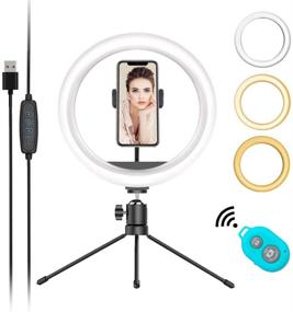 img 4 attached to 📸 10-Inch Mountdog Selfie Circle Ring Light with Stand, Phone Holder, Dimmable 3 Light Modes, 11 Brightness Levels, Remote Control - Desktop USB for Photography, Makeup, YouTube Video, Live Streaming