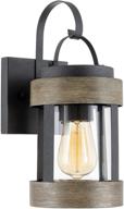 🏞️ kira home rochester 13.5" modern indoor outdoor wall sconce with cylinder glass shade in weathered oak wood style and textured black finish логотип