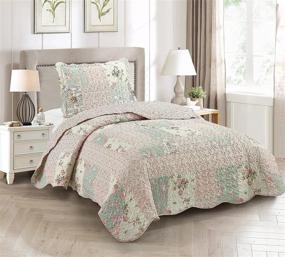 img 4 attached to 🌸 Sunshine Rose and Sage Patchwork 2-Piece Quilt Set - Reversible Bedspread, Lightweight Coverlet, Twin Size, All-Season - Brilliant Pink with Rose Bud Frames