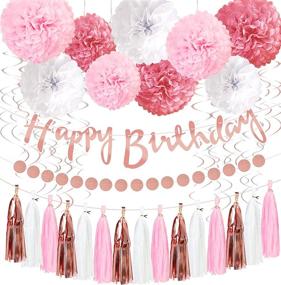 img 4 attached to 🎉 Birthday Party Decorations in Pink Rose Gold: Happy Birthday Banner, Paper Pompoms, Circle Dots Garland, Tassels, and Hanging Swirls to Elevate Women and Girls Birthday Party Supplies