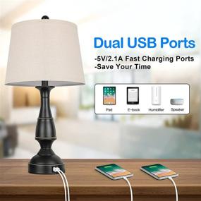 img 3 attached to 🔌 Pair of 2 Touch Control 3-Way Dimmable Table Lamps - Farmhouse Traditional Bedside Lamps with Dual USB Ports - Nightstand Desk Lamps featuring Fabric Shade for Bedroom Living Room Guest Room - Cream Color with Bulbs Included