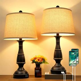 img 4 attached to 🔌 Pair of 2 Touch Control 3-Way Dimmable Table Lamps - Farmhouse Traditional Bedside Lamps with Dual USB Ports - Nightstand Desk Lamps featuring Fabric Shade for Bedroom Living Room Guest Room - Cream Color with Bulbs Included