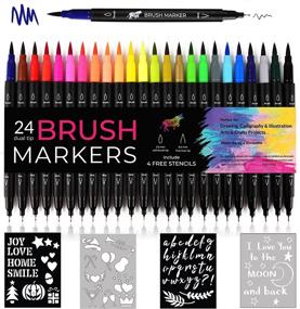 img 4 attached to Dual Tip Brush Marker Pens Set of 24 Fineliners by Vaci Markers - Water Based 🎨 Art Markers, Highlighters, Ideal for Coloring Books, Lettering, Calligraphy, Manga, Bullet Journal + Bonus 4 Drawing Stencils