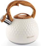 ☕ belanko 2.7 quart / 3 liter stainless steel tea kettle for stove top - food grade teapot with wood pattern handle and loud whistling for coffee, milk, gas, electric - milk white logo