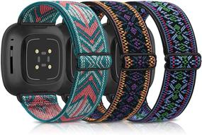img 4 attached to 🌿 3 Pack Adjustable Nylon Sport Wristbands for Fitbit Versa 3 and Sense – Green Arrow, Boho Green, Boho Purple