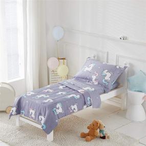 img 3 attached to 🦄 Uozzi Bedding Unicorn Toddler Bedding Set with Rainbow Stars Blue-Gray - Includes Quilted Comforter, Fitted Sheet, Top Sheet, and Pillow Case for Girls and Boys Bed