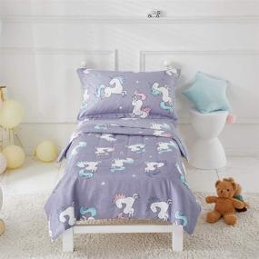 img 1 attached to 🦄 Uozzi Bedding Unicorn Toddler Bedding Set with Rainbow Stars Blue-Gray - Includes Quilted Comforter, Fitted Sheet, Top Sheet, and Pillow Case for Girls and Boys Bed