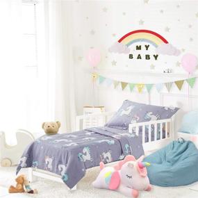 img 4 attached to 🦄 Uozzi Bedding Unicorn Toddler Bedding Set with Rainbow Stars Blue-Gray - Includes Quilted Comforter, Fitted Sheet, Top Sheet, and Pillow Case for Girls and Boys Bed
