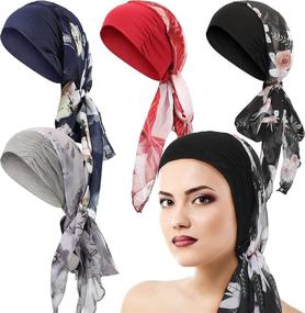 img 4 attached to 💤 Women's Turban Sleep Beanie Head Scarf with Long Hair Head Turbans - Set of 4 Pieces