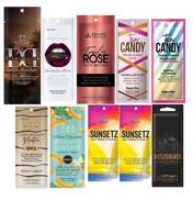 assorted pack of 10 sample packets - top brands bronzers & intensifiers - new tanning lotion logo