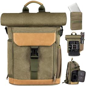 img 4 attached to 📷 Waterproof Canvas Camera Backpack with Detachable Laptop Compartment & Rain Cover - DSLR SLR Mirrorless Cameras Video Camcorder Photography Bag in Green by TARION