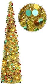 img 4 attached to 🎄 HMASYO 5 Foot Collapsible Pop Up Christmas Tinsel Tree with Lights - Colorful Sequin Artificial Christmas Pencil Tree Decorations for Home, Apartment, Party - Indoor & Outdoor Use (Golden)