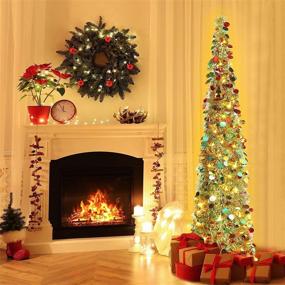 img 3 attached to 🎄 HMASYO 5 Foot Collapsible Pop Up Christmas Tinsel Tree with Lights - Colorful Sequin Artificial Christmas Pencil Tree Decorations for Home, Apartment, Party - Indoor & Outdoor Use (Golden)