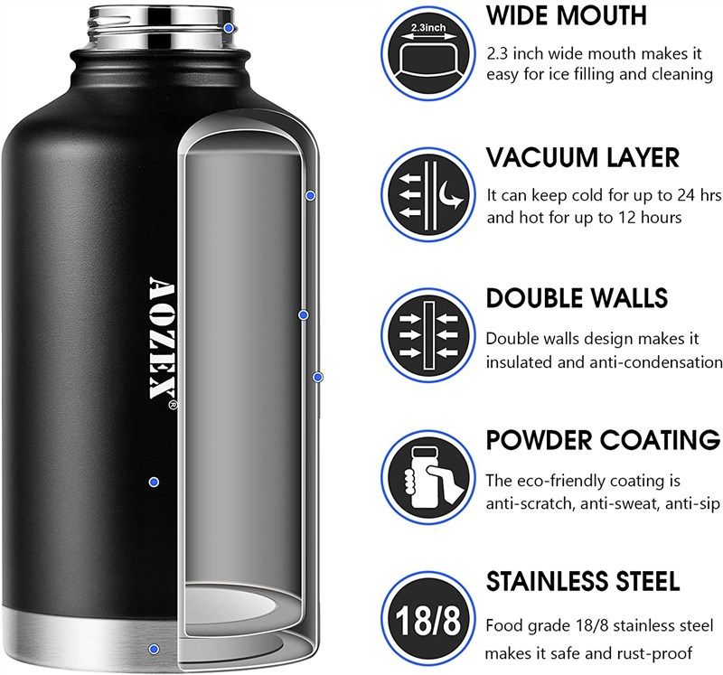 64 OZ Insulated Water Bottle With Straw, AOZEX Stainless Steel Half Gallon  Large Water Bottle For Gym Workout, Double Wall 1/2 Gallon Metal Water