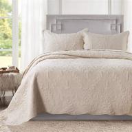 honeilife king size quilt set - 3 piece embroidered microfiber bedspread: reversible coverlet, lightweight bedcover with paisley pattern - beige logo