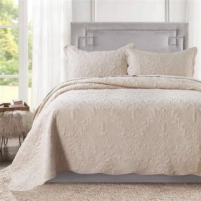 img 4 attached to HoneiLife King Size Quilt Set - 3 Piece Embroidered Microfiber Bedspread: Reversible Coverlet, Lightweight Bedcover with Paisley Pattern - Beige